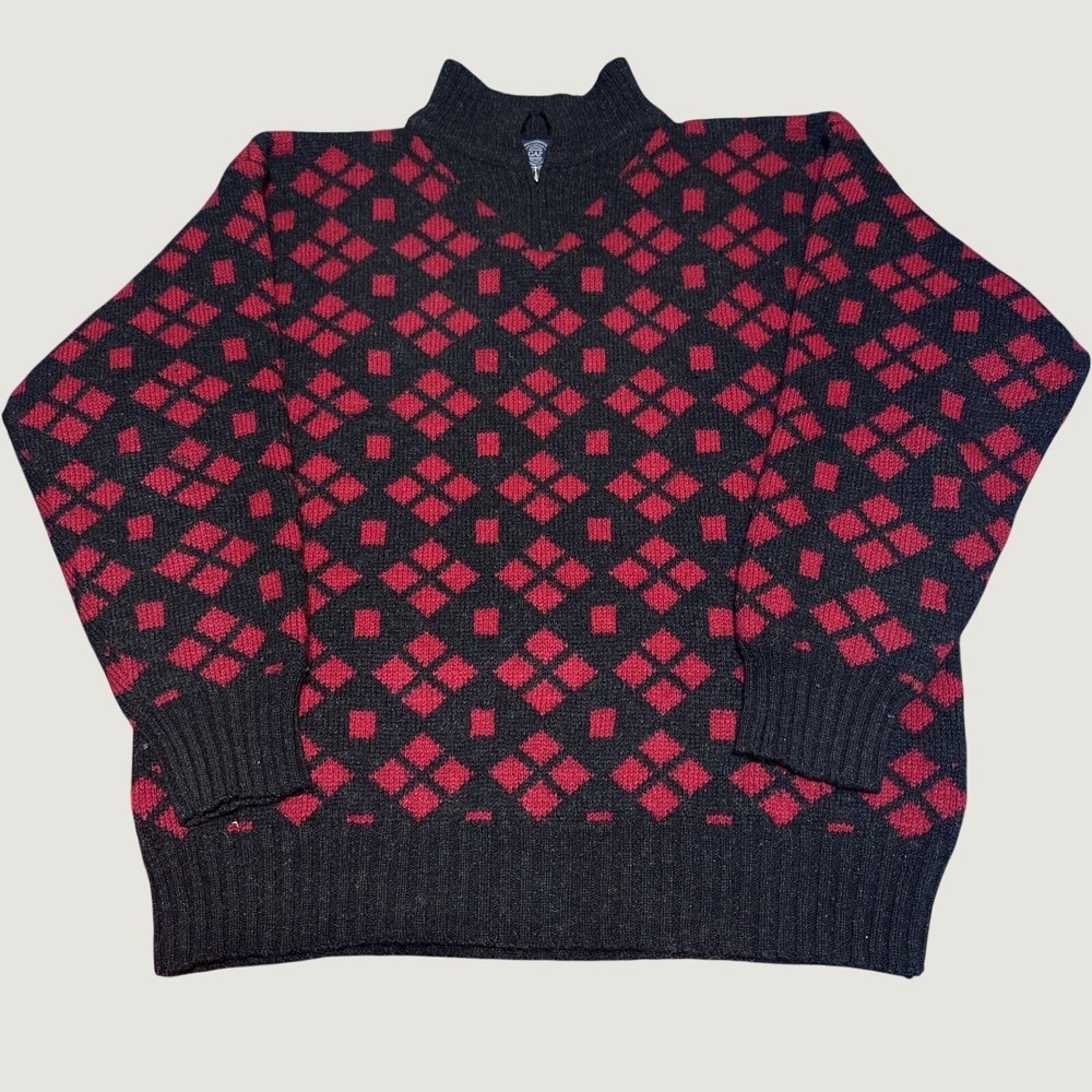 Vintage Gap 1/4 Zip Sweater Mens Medium Wool Diamond Geometric Mock Black Red